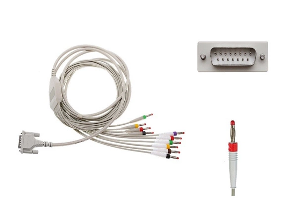 Kabel EKG do diagnostyki nierozłączny, 10-odprowadzeniowy, wtyk bananowy 4mm, wtyk D-Sub 15-pin, dł. 70/110/150 cm, op. 1 szt.