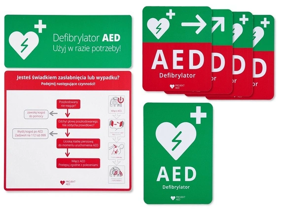 Zestaw tablic informacyjnych AED (Alg,Info,W,W,E,E)